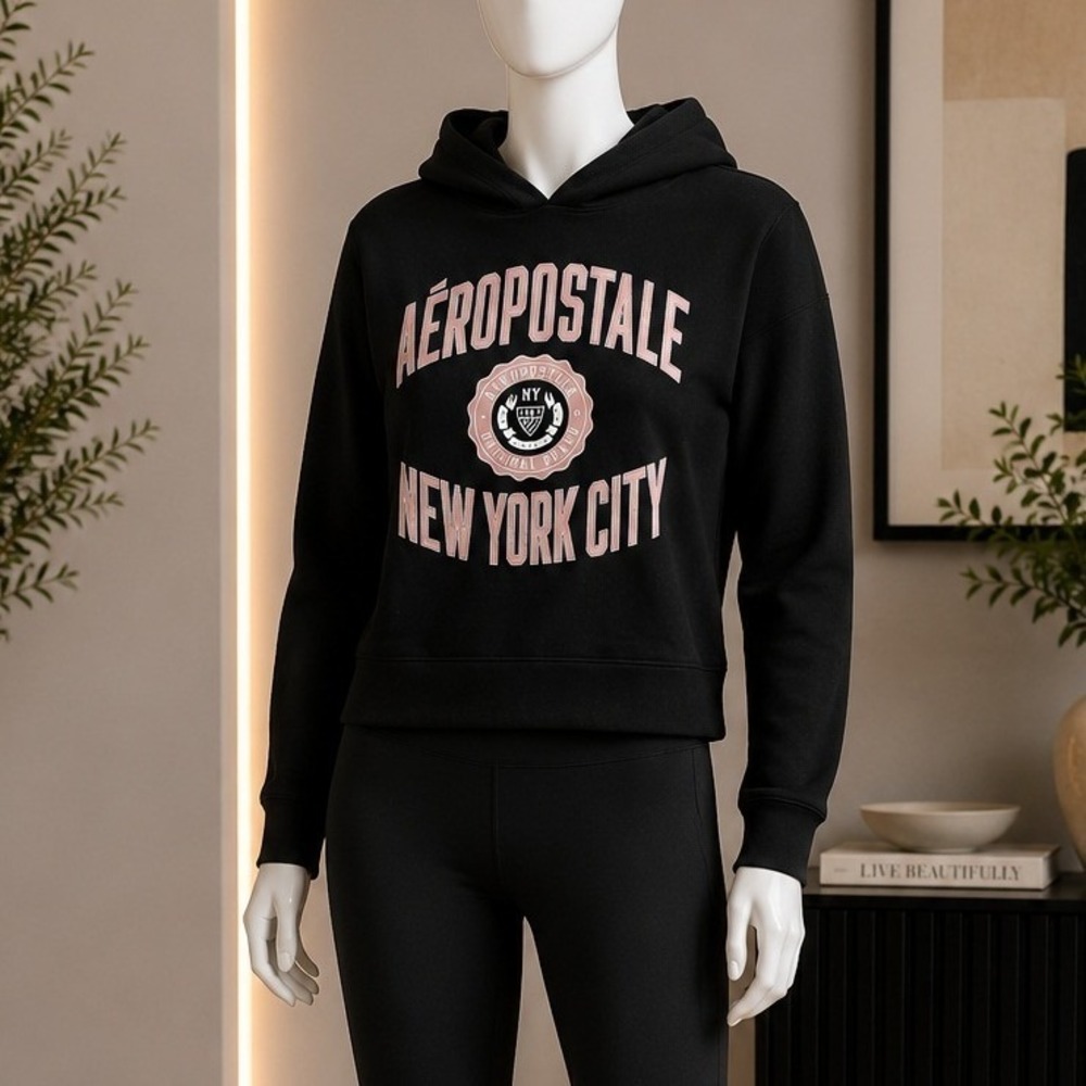 Aeropostale Womens Hoodie Black New York City Graphic Pullover Large